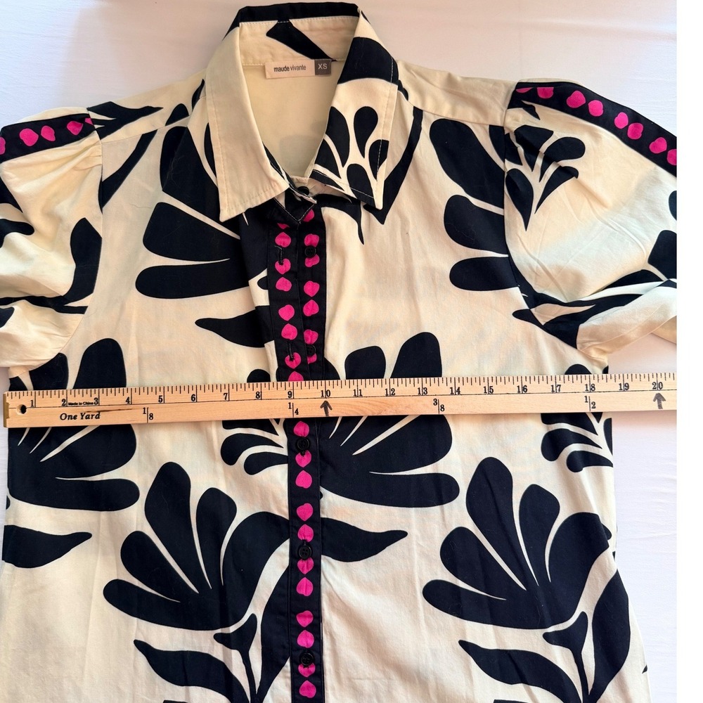 MAUDE VIVANTE Cream Black Floral Retro Mod Artsy Puff Sleeve Shirt Dress Size XS - Picture 6 of 10